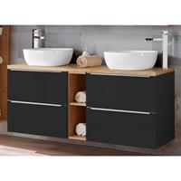 Badezimmer Waschplatz in seidenmatt anthrazit & Wotaneiche TOSKANA-BLACK-56 mit 2 Keramik-Aufsatzbecken B/H/T: 140/94/48cm