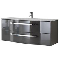 Badezimmer Waschtisch FES-4005-66 Hochglanz Lack Steingrau, inkl. Glaswaschbecken weiß - B/H/T: 117/49,7/49,1cm