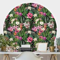 Klebefieber Runde Tapete selbstklebend Bunte tropische Blumen Collage