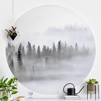 Klebefieber Runde Tapete selbstklebend Wald Nebel im Tannenwald Schwarz-Weiß