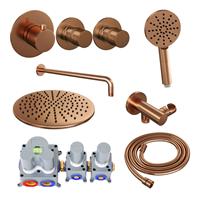 Brauer Inbouw Regendouche Set  Copper Edition Gebogen Wanduitloop Ronde Hoofddouche 30 cm Met Twee Stopkranen en Handdouche 3 Standen Koper