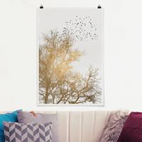 Klebefieber Poster Tiere Vogelschwarm vor goldenem Baum