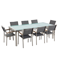 Beliani Tuinset matglas/RVS driedelig tafelblad 220 x 100 cm met 8 stoelen grijs GROSSETO