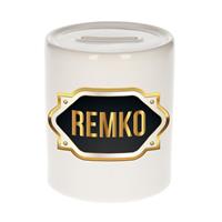 Bellatio Remko naam cadeau spaarpot met gouden embleem - kado verjaardag/ vaderdag/ pensioen/ geslaagd/ bedankt