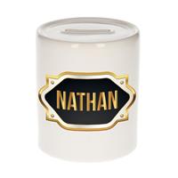 Bellatio Nathan naam cadeau spaarpot met gouden embleem - kado verjaardag/ vaderdag/ pensioen/ geslaagd/ bedankt