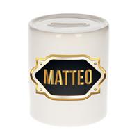 Bellatio Matteo naam cadeau spaarpot met gouden embleem - kado verjaardag/ vaderdag/ pensioen/ geslaagd/ bedankt