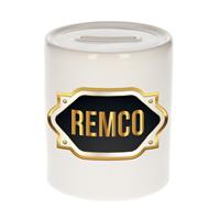 Bellatio Remco naam cadeau spaarpot met gouden embleem - kado verjaardag/ vaderdag/ pensioen/ geslaagd/ bedankt
