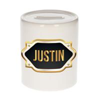 Bellatio Justin naam cadeau spaarpot met gouden embleem - kado verjaardag/ vaderdag/ pensioen/ geslaagd/ bedankt