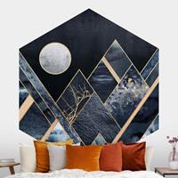 Klebefieber Hexagon Fototapete selbstklebend Goldener Mond abstrakte schwarze Berge