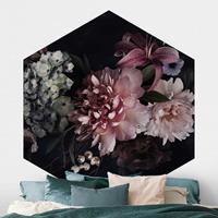 Klebefieber Hexagon Fototapete selbstklebend Blumen mit Nebel auf Schwarz