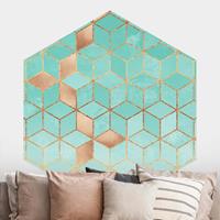 Klebefieber Hexagon Mustertapete selbstklebend Türkis Weiß goldene Geometrie