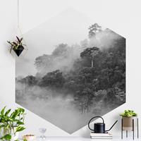 Klebefieber Hexagon Fototapete selbstklebend Dschungel im Nebel Schwarz Weiß