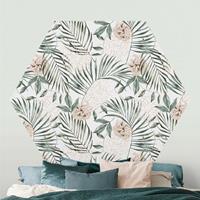 Klebefieber Hexagon Mustertapete selbstklebend Tropische Palmenbögen mit Rosen Aquarell