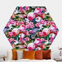 Klebefieber Hexagon Mustertapete selbstklebend Bunte Tropische Blumen mit Vögeln Pink
