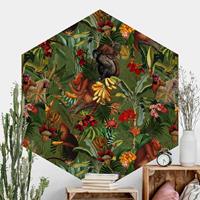 Klebefieber Hexagon Mustertapete selbstklebend Tropische Blumen mit Affen
