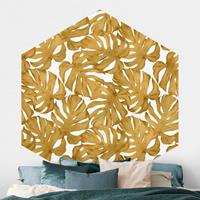 Klebefieber Hexagon Mustertapete selbstklebend Aquarell Monstera Blätter in Gold