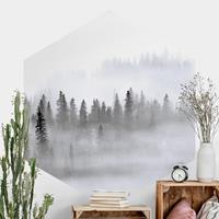 Klebefieber Hexagon Fototapete selbstklebend Nebel im Tannenwald Schwarz-Weiß