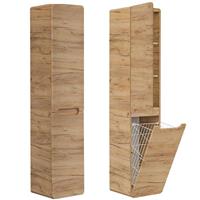 Badezimmer Hochschrank mit Wäschekorb LUTON-56-CRAFT Wotaneiche mit Hochglanz weiß, B/H/T ca. 35/175/35cm