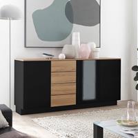 Sideboard in Hochglanz schwarz mit Grandson Oak Eiche hell Dekor CHUR-61, B/H/T: 181/85/43 cm