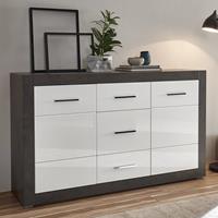 Sideboard Anrichte mit 3 Schubkästen ETON-61 Hochglanz weiß mit Betonoptik dunkel B/H/T: 164/97/42cm