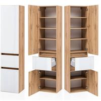 Badezimmer Seitenschrank HEERLEN-03 in Wotaneiche Nb. mit Glasfronten weiß, B/H/T: ca. 40/180/35 cm