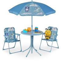 RELAXDAYS Camping Kindersitzgruppe, Kindersitzgarnitur mit Sonnenschirm, Klappstühle & Tisch, Motiv Tiere, Garten, blau