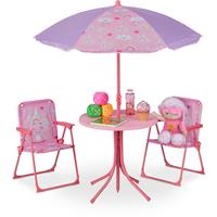 RELAXDAYS Camping Kindersitzgruppe, Kindersitzgarnitur m. Sonnenschirm, Klappstühle & Tisch, Einhorn Motiv, Garten, pink