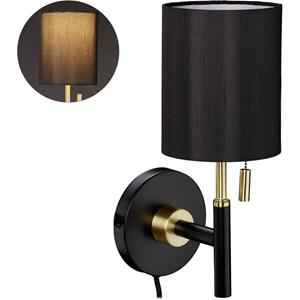 RELAXDAYS Wandleuchte, runder Stoffschirm, Zugschalter, Kabel mit Stecker, Wandlampe HBT: 32 x 13 x 18 cm, schwarz-gold