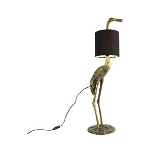 QAZQA Vintage Stehlampe Messing Stoffschirm schwarz - Kranich Vogel To