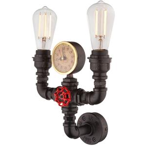 Globo Lighting Wandlamp industrieel met klok 'Bayuda' zwart metaal E27 fitting