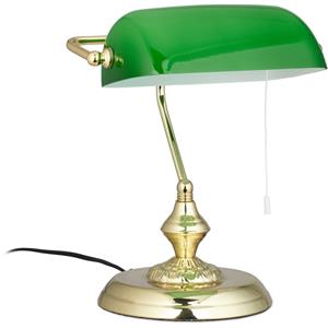 RELAXDAYS Bankerlampe mit Zugschalter, grüner Schirm, runder Sockel, Vintage Design, Glas, HBT: 31x22,5x18,5cm, messing