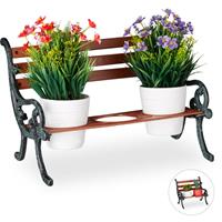 RELAXDAYS Mini Blumenbank, Gusseisen & Holz, Blumenständer für 3 Blumentöpfe, Ø 9 cm, Garten Deko Bank, braun/grau-grün