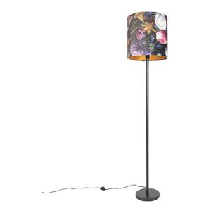 Qazqa Romantische Vloerlamp Zwart Met Bloemen Kap 40 Cm - Simplo