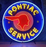 Fiftiesstore Pontiac Service Indian Head Logo Gele Letters Neon Verlichting Met Achterplaat 65 x 65 cm