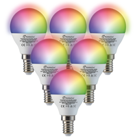Homeylux Set van 6 E14 SMART LED Lampen RGBWW Wifi 5.5 Watt 470lm P45 Dimbaar