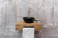 Saniclear Seba fonteinset met bruin eiken plank, zwarte waskom en chromen kraan voor in het toilet