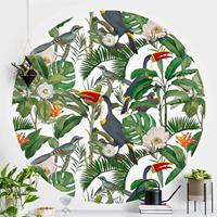 Klebefieber Runde Fototapete selbstklebend Tropischer Tukan mit Monstera und Palmenblättern