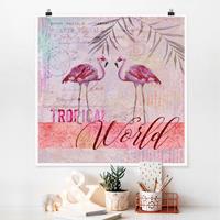 Klebefieber Poster Vintage Collage - Tropical World Flamingos