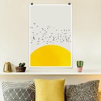 Klebefieber Poster Vogelschwarm vor gelber Sonne