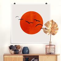 Klebefieber Poster Tiere Vogelschwarm vor roter Sonne I