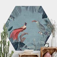 Klebefieber Hexagon Fototapete selbstklebend Blaugraues Paradies mit tropischen Vögeln