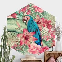 Klebefieber Hexagon Fototapete selbstklebend Blumenparadies tropischer Papagei