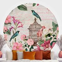 Klebefieber Runde Fototapete selbstklebend Shabby Chic Collage - Rosa Blüten und blaue Vögel