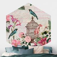 Klebefieber Hexagon Fototapete selbstklebend Shabby Chic Collage - Rosa Blüten und blaue Vögel