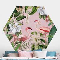 Klebefieber Hexagon Fototapete selbstklebend Tropische Flamingos mit Pflanzen in Rosa