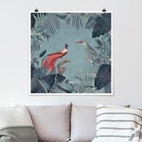 Klebefieber Poster Blaugraues Paradies mit tropischen Vögeln
