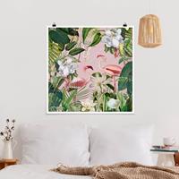 Klebefieber Poster Tropische Flamingos mit Pflanzen in Rosa