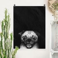 Klebefieber Poster Illustration Hund Mops Malerei auf Schwarz Weiß
