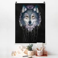 Klebefieber Poster Illustration Wolf mit Boho Traumfänger Schwarz