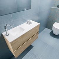 MONDIAZ ADA Toiletmeubel 80x30x50cm met 1 kraangaten 2 lades washed oak mat Wastafel Lex links Solid Surface Wit FK75341983